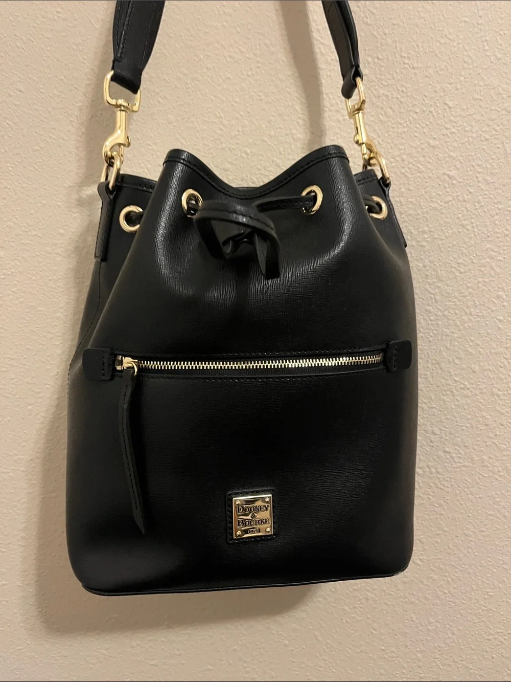 Dooney & Bourke Black Leather Drawstring Hobo with Gold Hardware